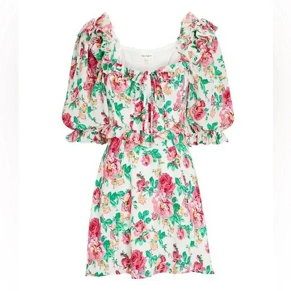 For Love & Lemons Loretta Mini Dress Floral Puff Sleeve Cutout M - Picture 5 of 10